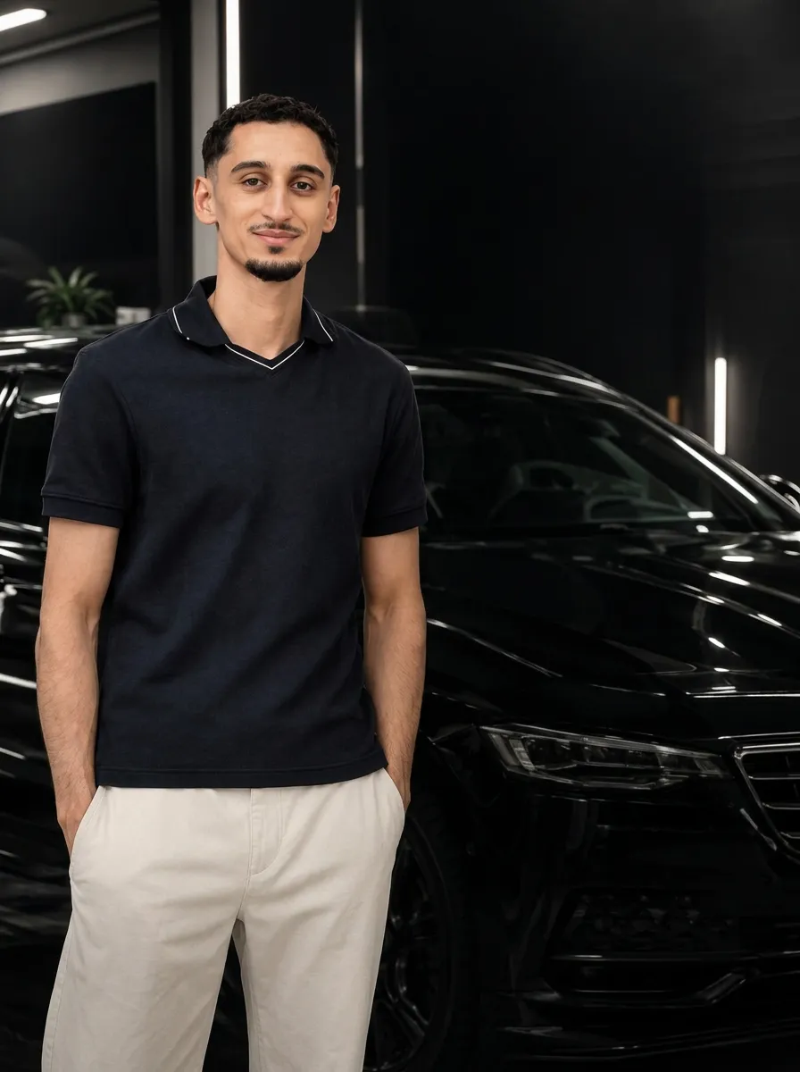 Dominik Jovanovic, CEO von VERTO Detailing, vor einem schwarz glänzenden Fahrzeug