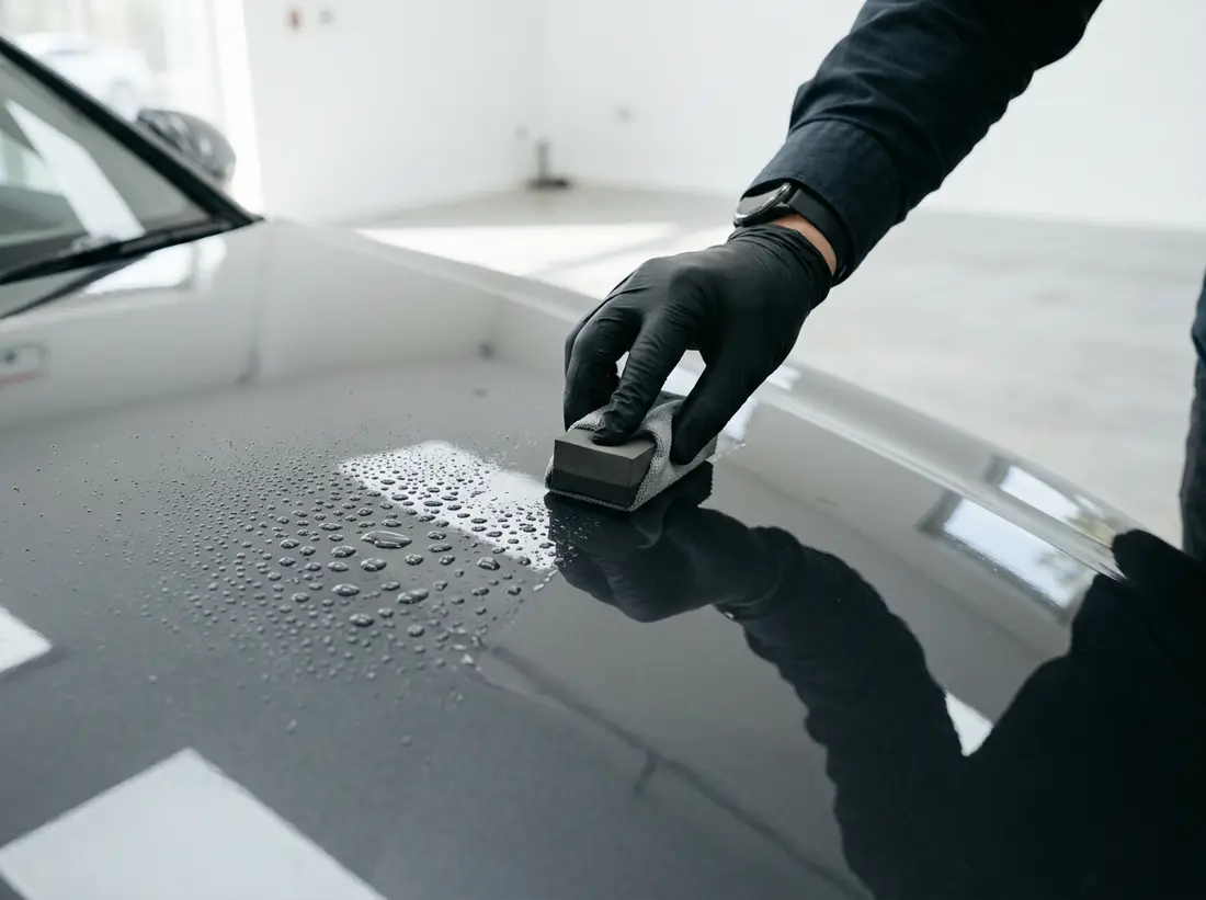 Behandschuhte Hand trägt eine Lackversiegelung auf eine glänzende Motorhaube auf, Wasser perlt ab